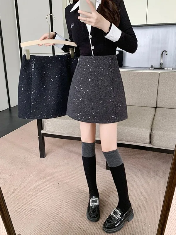 Shiny Short A-Line Skirt Women's Woolen Suit Dress High Waist Flattering for plus Size Ladies Commute Korean Style Skirt