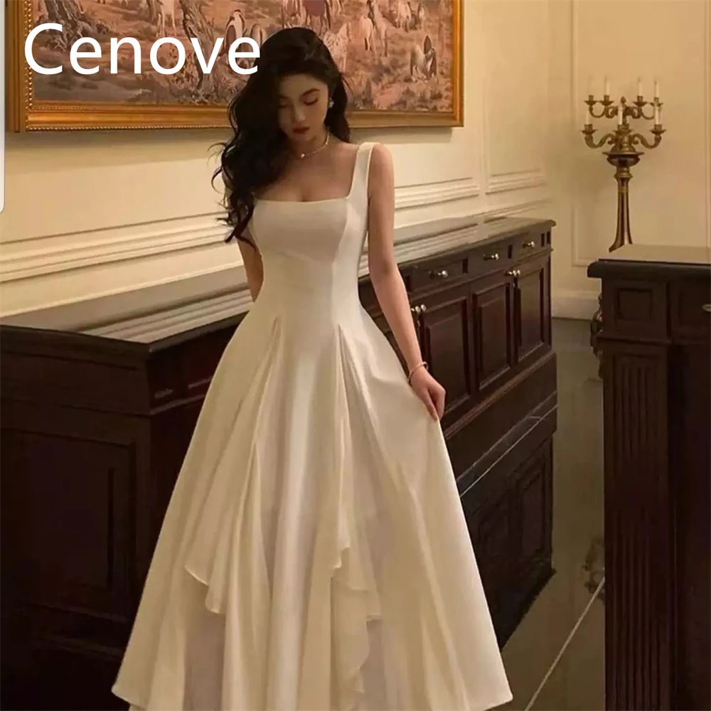 Cenove White A-Line Square Neckline Prom Dress Short Sleeves With Ankle-length Evening Summer Elegant Party Dress For Women 2023