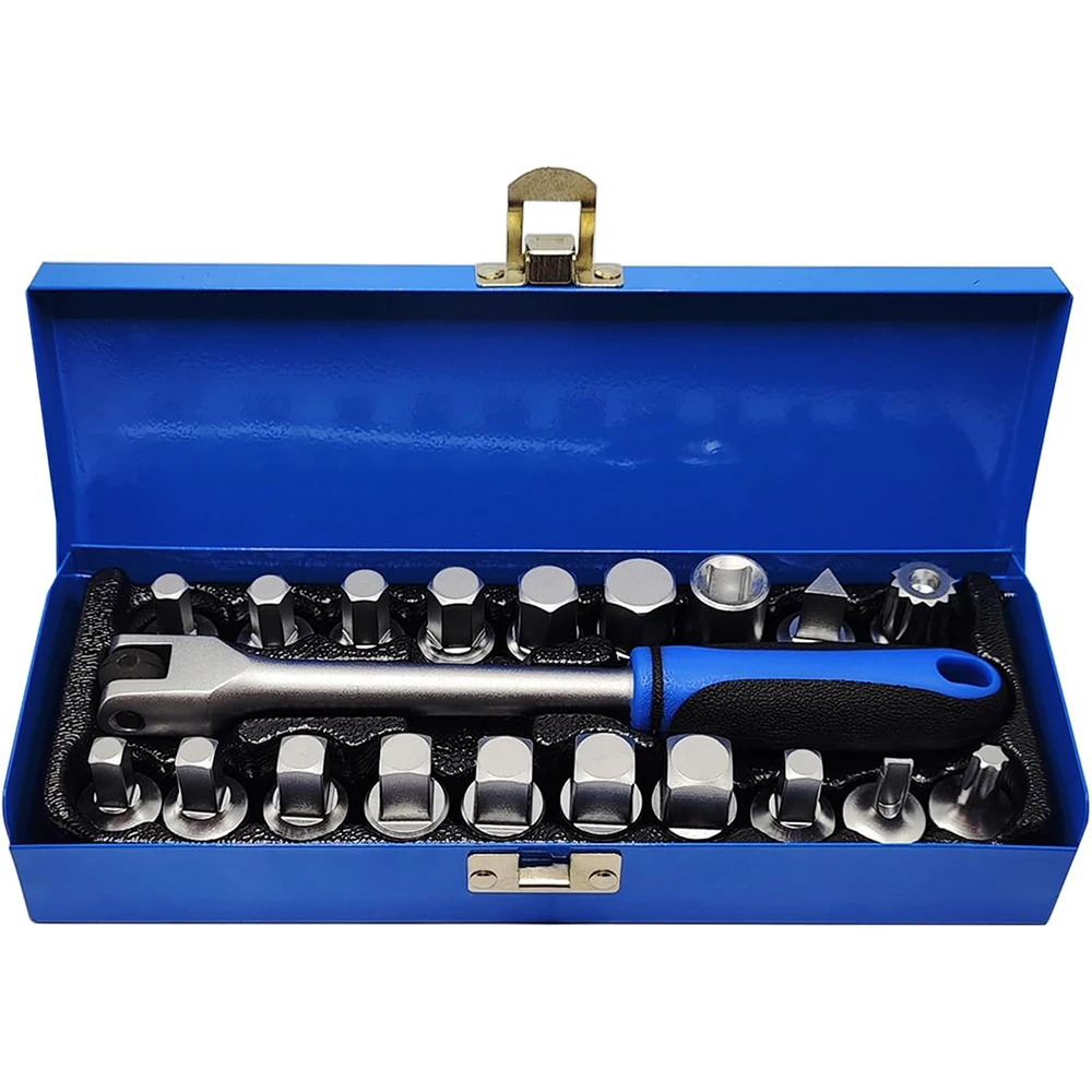 

20PCS 3/8" Drive Oil Drain Sump Plug Key Set Gearbox Hex Square Triangle Torx Spline Socket Set