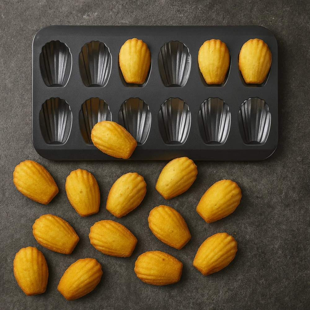 Antihaftbeschichtetes Madeleine-Backblech mit 12 Mulden, Kohlenstoffstahl, leicht zu entformen, schalenförmige Kuchenform, schwarze hitzebeständige Keksform