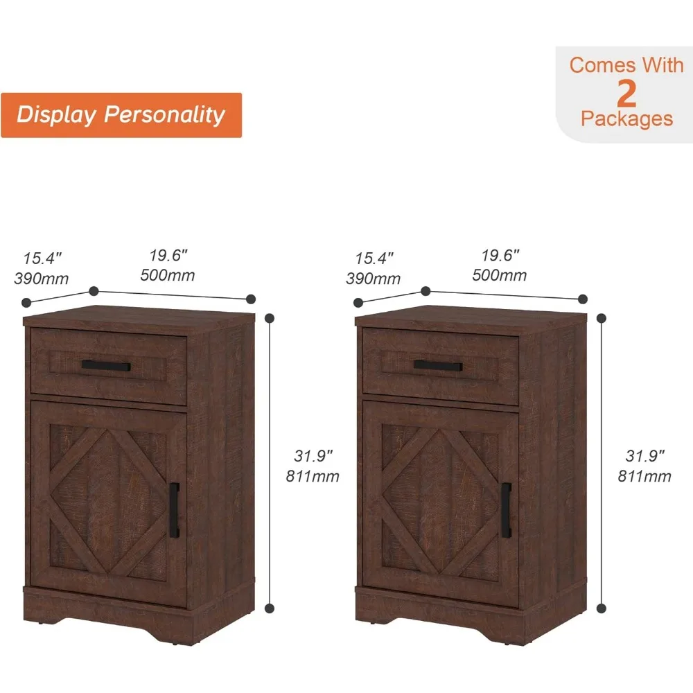 Living Room 32 H Coffee Table (2 Sets), Cabinet with Drawers and Barn Doors, High Bedside Table, with Adjustable Device