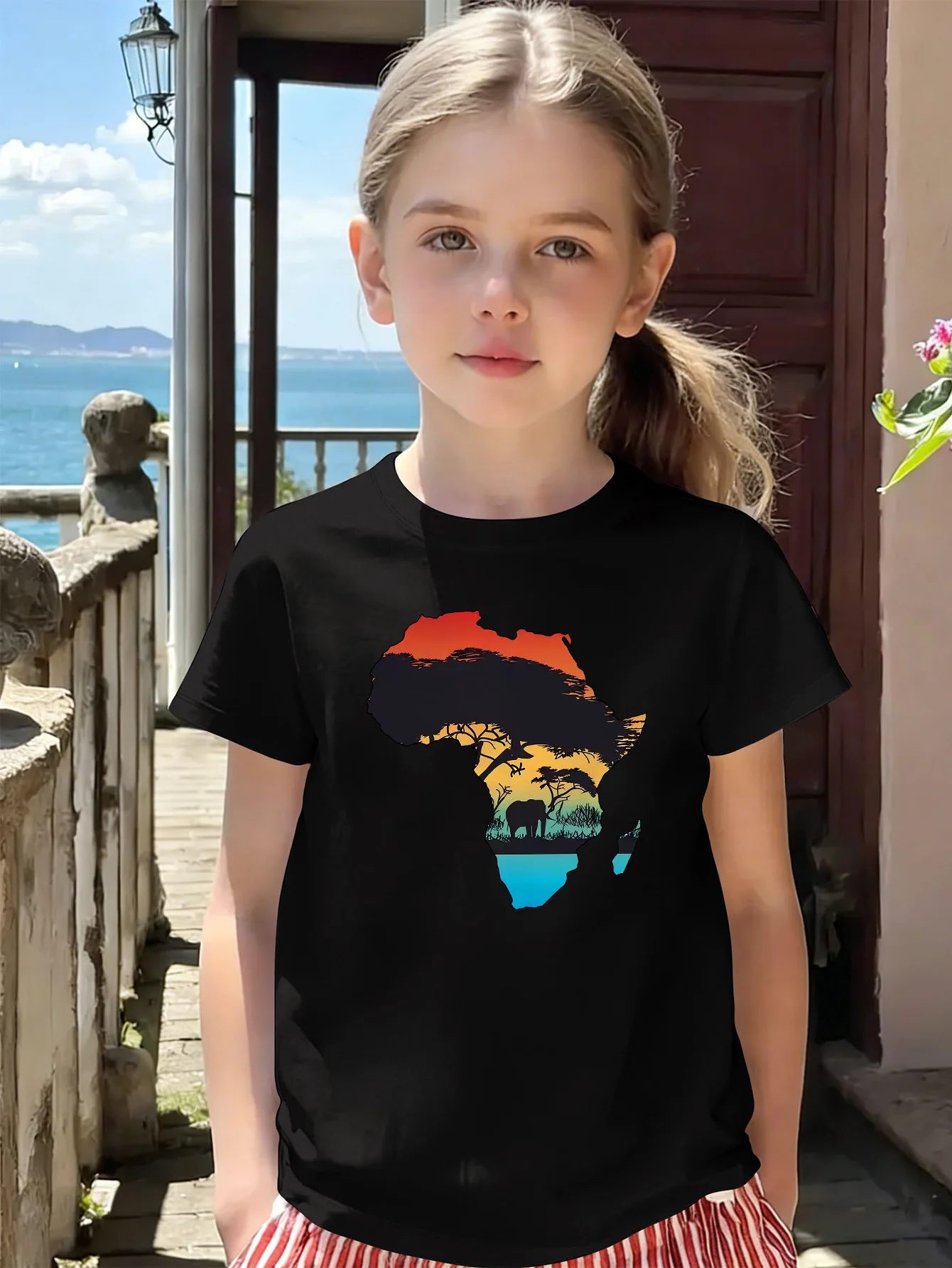 Africa Savannah Elephant Gradient Print Kids T Shirt Boys Girls Short Sleeve Crew Neck Cotton Parent Matching Tops Toddler Youth