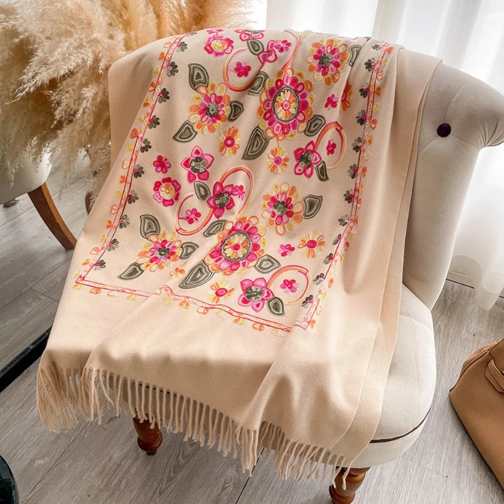 

Cashmere Feel Women Scarf Embroider Flower Ethnic Style Floral Embroidered Shawl Versatile Breathable Cashmere Scarf