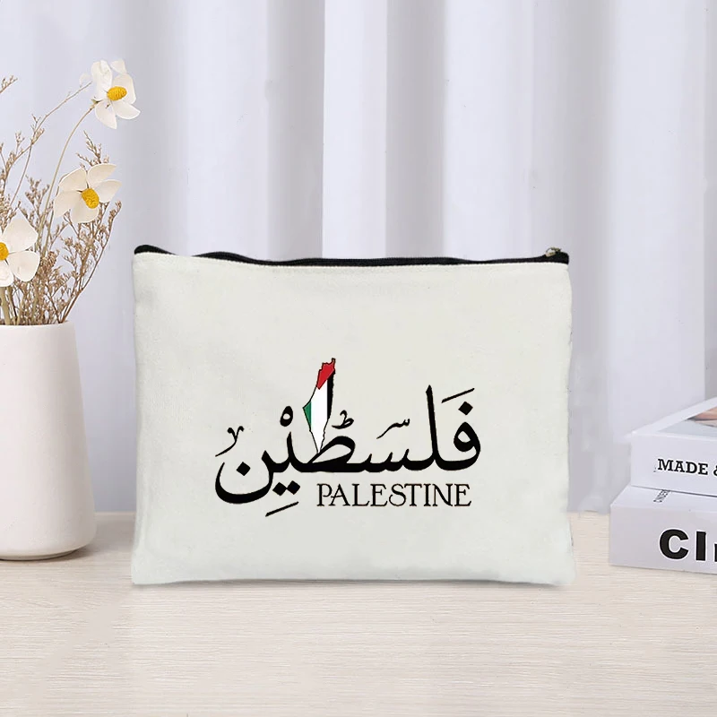 Country Map Printed Canvas Cosmetic Bag Organizer Travel Sundries Storage Pouch Office Pencil Case Zipper Wallet Gift Palestine