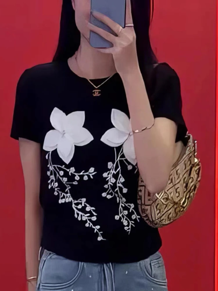 Jerséis informales de moda para mujer, suéter tejido de manga corta con cuello redondo y apliques, suelto para mujer, novedad de primavera y verano 2025