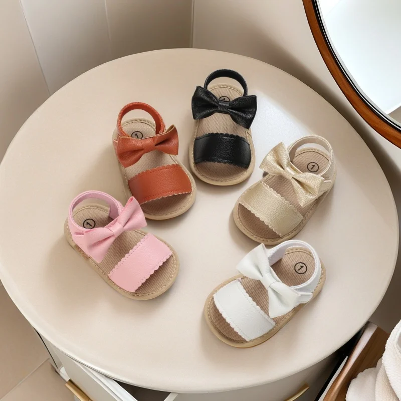 

Милые летние сандалии для новорожденных с дышащим бантом для девочек 0-18 месяцев, детская обувь, нескользящая резиновая мягкая подошва
