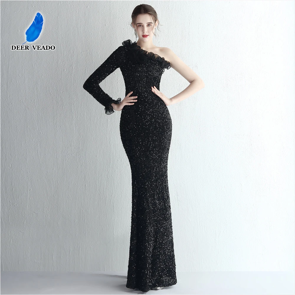 

DEERVEADO Women Black Sequins Mermaid Evening Dress Long Formal Dress One Shoulder Maxi Party Dresses Prom Gown