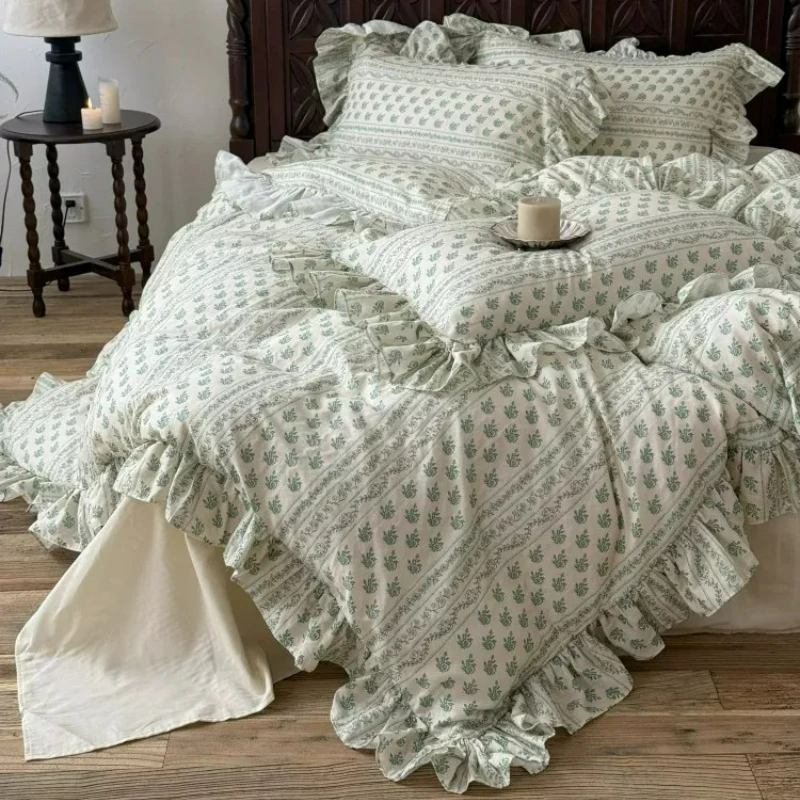 French Style Bedroom Girl Floral Print Full Cotton Double-layer Yarn 4 Piece Set Bed Sheet Pure Cotton Bedding for Spring Summer