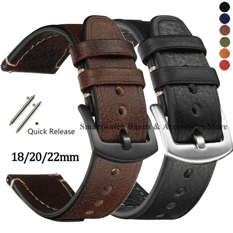 Vintage Brown Leather Strap 18mm 20mm 22mm for Seiko for Omega for Huawei GT2/3 Cowhide Bracelet Sport Quick Release Wrist Band