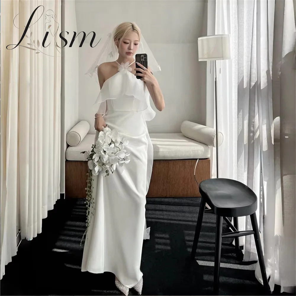 Lism Simple Korean Ivory Satin Wedding Dress Halter Ruffles Bridal Gown Floor Length Reception Dress Vestido Real 2026 Customize