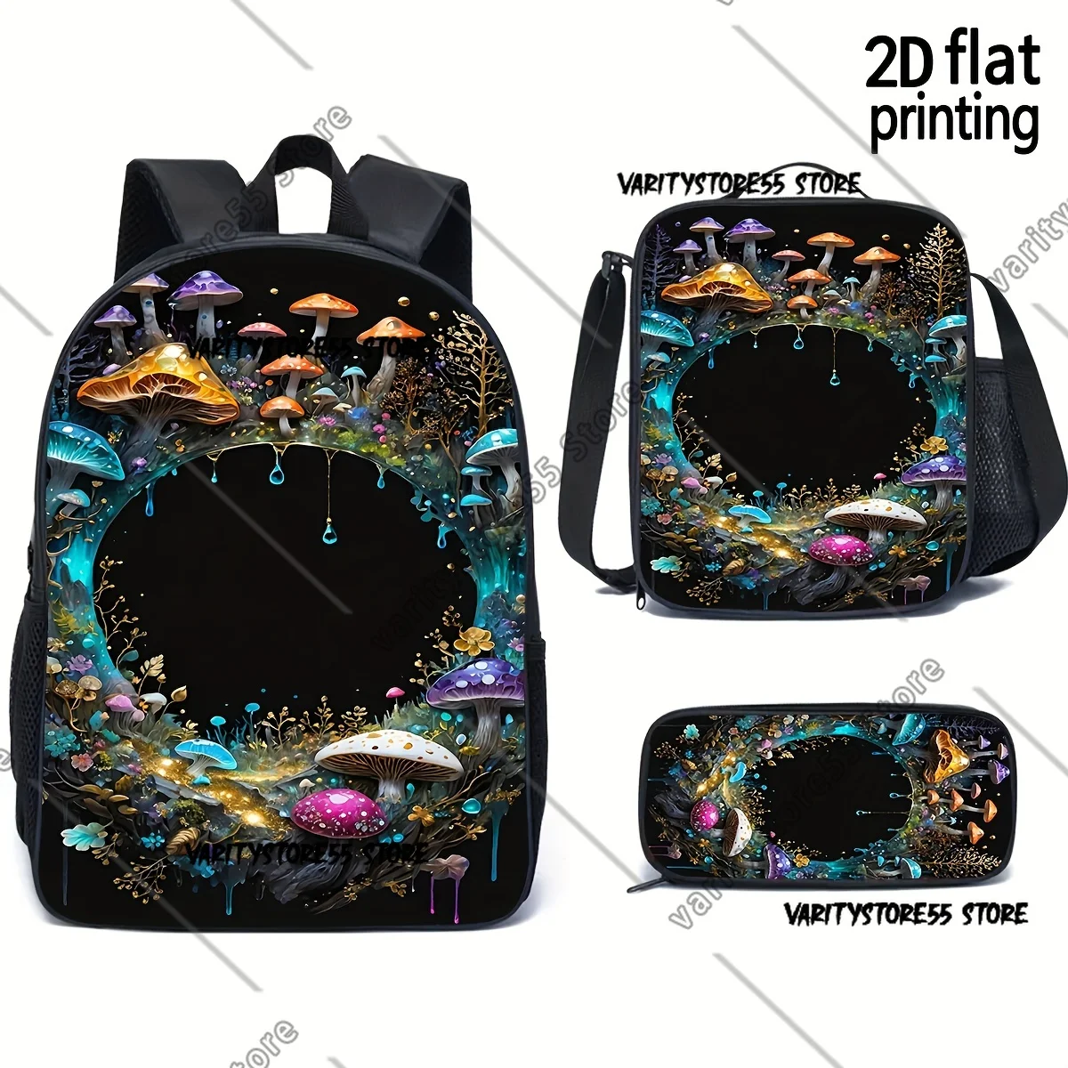 Fantasy Mushroom Backpack Student Boys Girls BookBag School Bag Laptop Shoulder Bags 3ps Insulated Lunch Bag Pencil Case