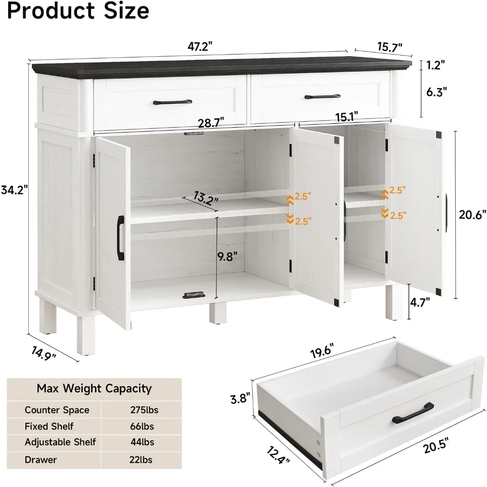 Farmhouse Style Buffet Cabinet with 48-Inch Length, Featuring 2 Drawers and 3 Doors for Storage and Adjustable Wood Coffee Bar