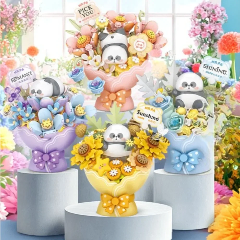 

Creative Panda Bouquet Building Blocks DIY Bricks Cartoon Desktop Decorations Ornaments Educational Toys for Kids Holiday Gifts