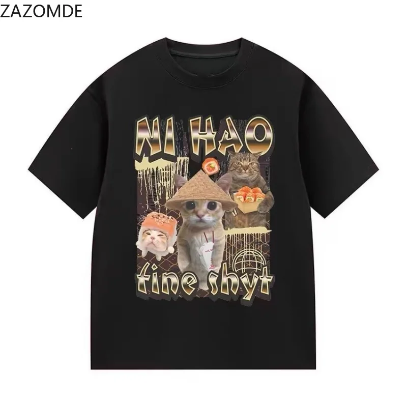 ZAZOMDE Funny Sushi Cat Graphic Tee Harajuku Aesthetic Kitten Straw Hat Print Tshirt Unisex Loose Casual Daily Wear Short Sleeve