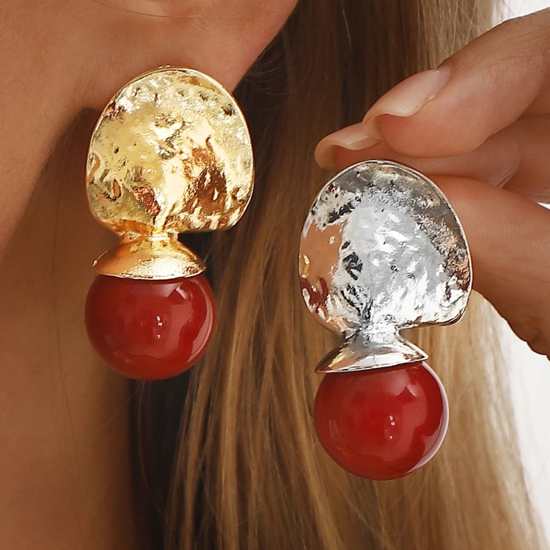 Classic and Fashionable Irregular Red Color Round Bead Hanging Earrings, Suitable for Women's Simple Daily Party Jewelry Gifts