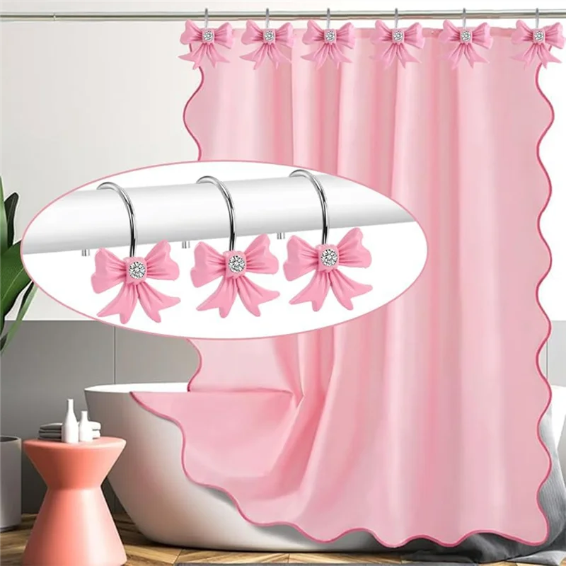 SOFT-Pink Bow Knot Shower Curtain Hooks 12 PCS Cute Girl Decorative Shower Curtain Rings Resin Hanger For Bathroom Room
