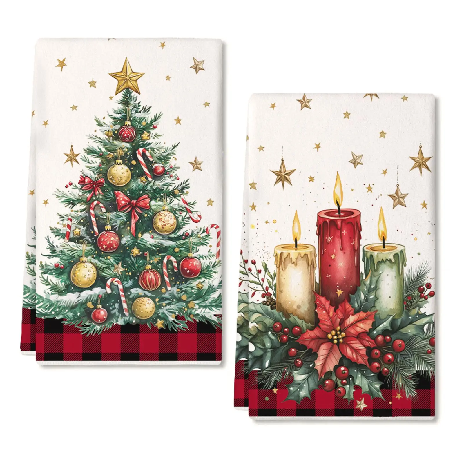 Juego de 2 toallas de cocina de árbol de Navidad rojo (40x60cm) - Diseño de cuadros de búfalo, diseño de flores y campanas, paños de secado absorbentes para granja