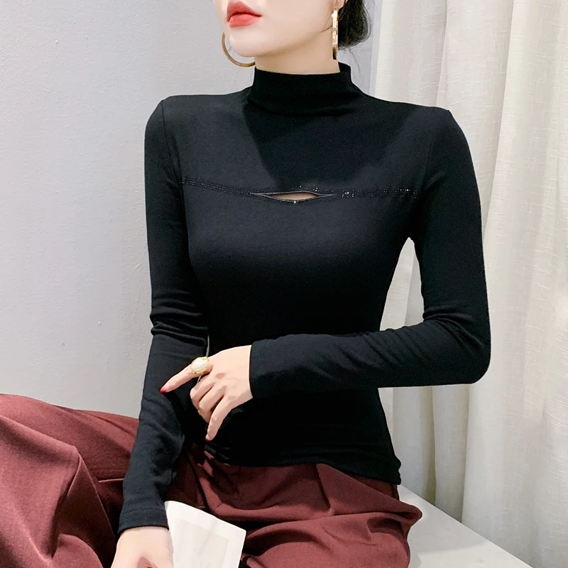 Black,Korean,Style,T-shirt,Fashion,Sexy,Turtleneck,Shiny,Diamonds,Solid,Hollow Out,Women,Tops,Long Sleeve,Tees,2025,New,4121207