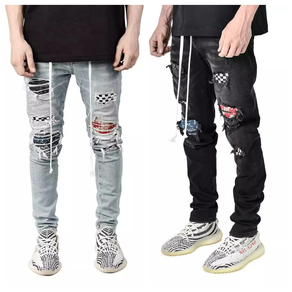 

Ripped Pencil Pants Men Jeans Mid Waist Slim Gothic Men Vintage Denim Wash Solid Punk Style Skinny Distressed Holes Ankle Length