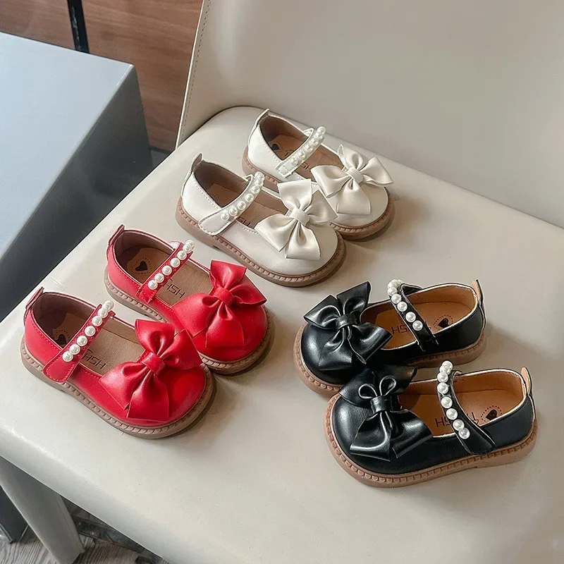 

Детская обувь из искусственной кожи для девочек, весенне-осенние новые детские лоферы принцессы с бантом жемчужно-красного цвета на мягкой подошве для школьников