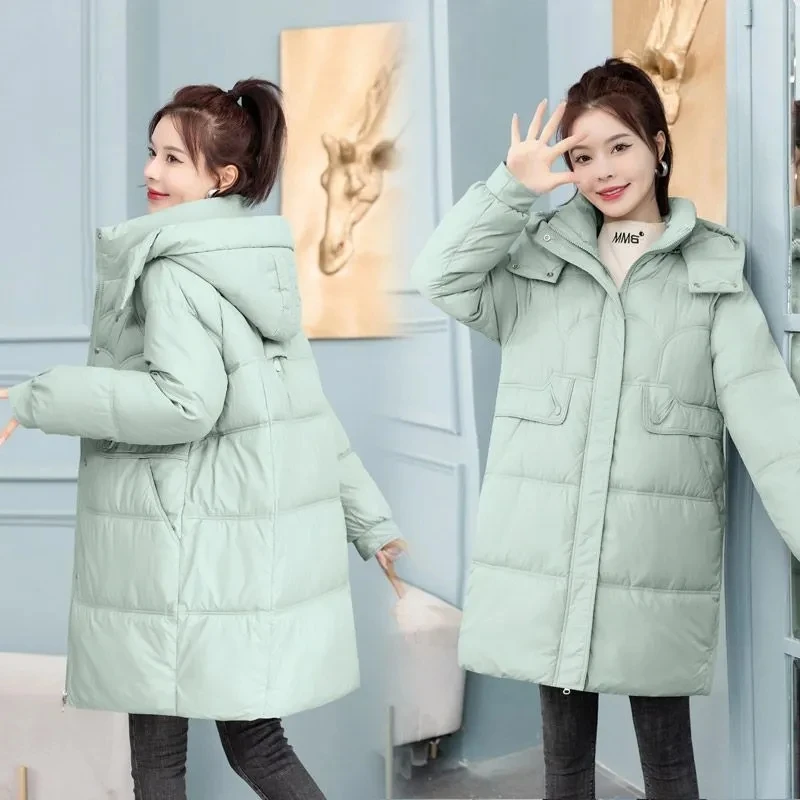 Mid-Long Down Cotton Jacket Women Korean Loose Puffer Coat 2023 New Thicken Warm Padded Parkas Hooded Manteau Femme Hiver 3XL