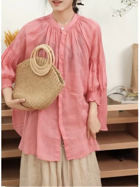 

Artistic Style Loose Fit Cotton Linen Shirt Collar Stand up Collar Summer New Arrival Elegant Simple Color Long Sleeve Women'...