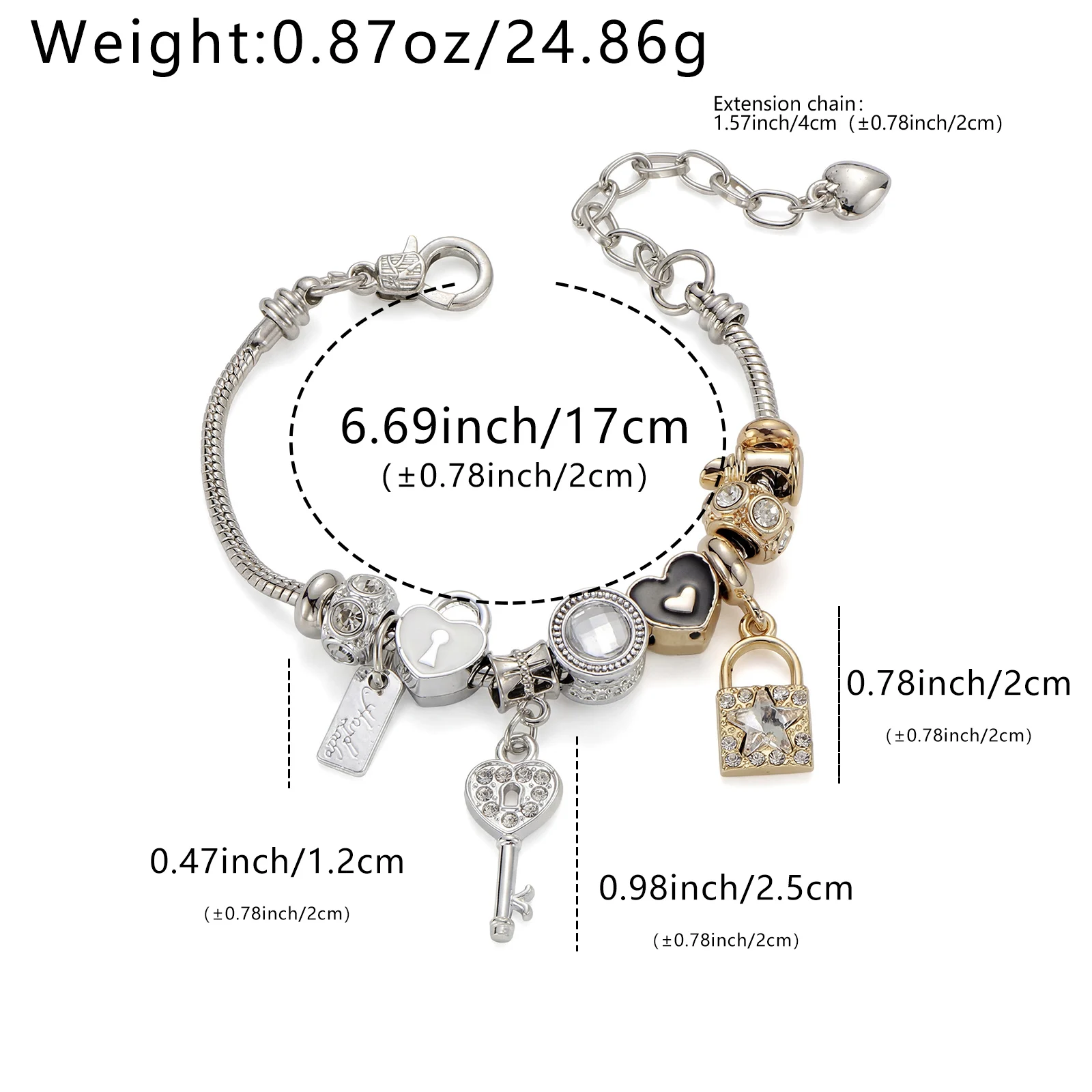 Silvery Adjustable Bracelet with Synthetic Zircon Lock & Key Charms for Women Romantic Jewelry Gift