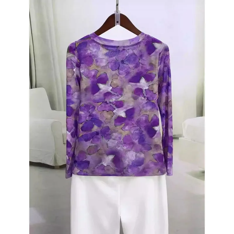 

Fashionable Printed V-neck Mesh Stretch Long-sleeved Top for Women's Autumn New Versatile Elegant Pullover