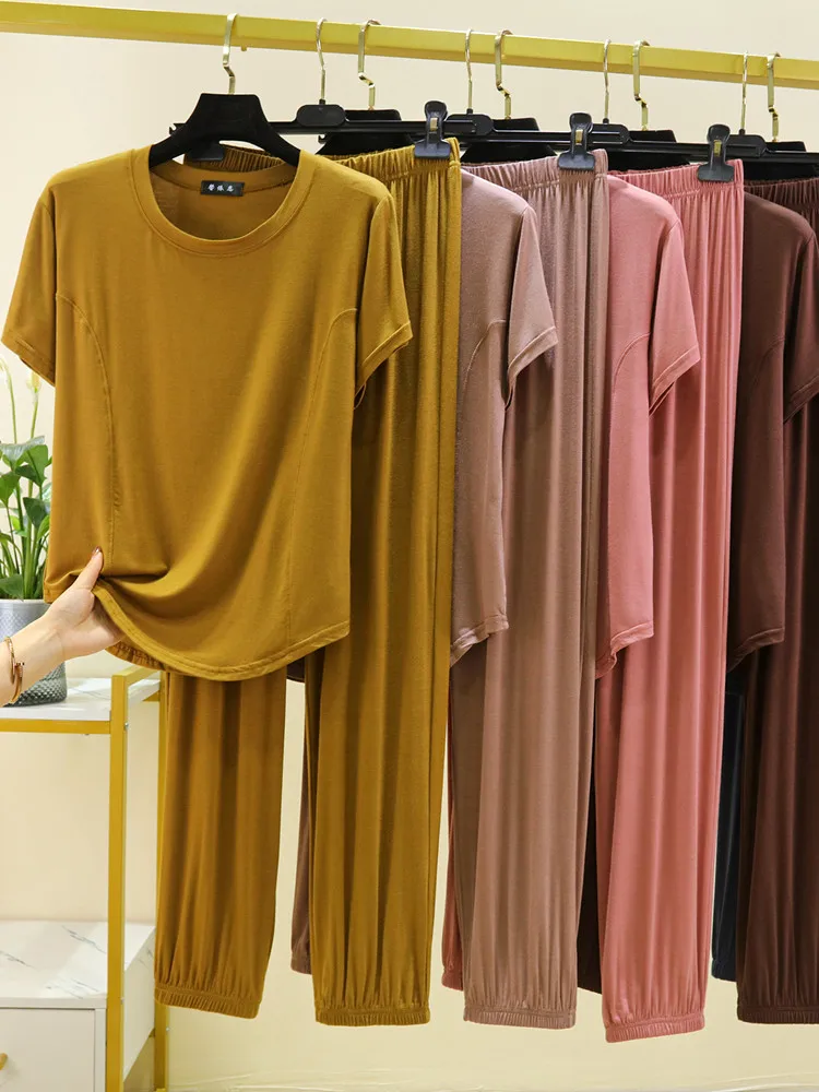 Modal Short Sleeve Long Pants Two-Piece Set Casual Home Clothes Women Summer Thin Loose Can Be Worn outside Leisure Set