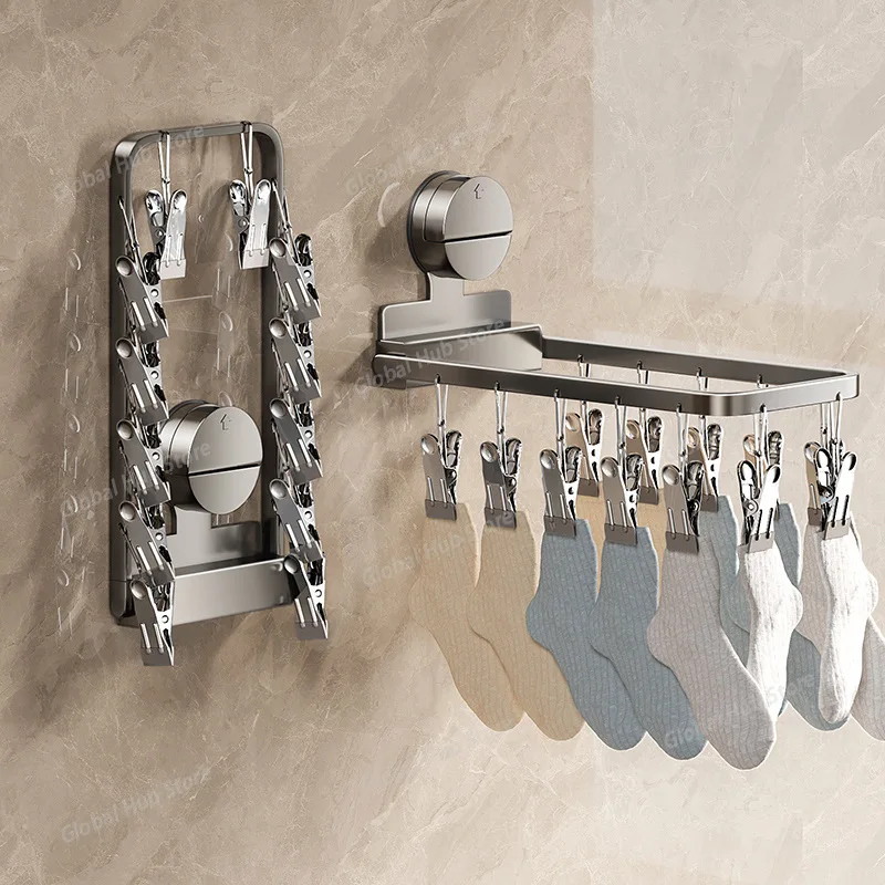 

Wall Mount Suction Cup Drying Rack Socks Folding Drying Rack Household Clothes Rack Hanger (With 12 Clips) for Drying Towels