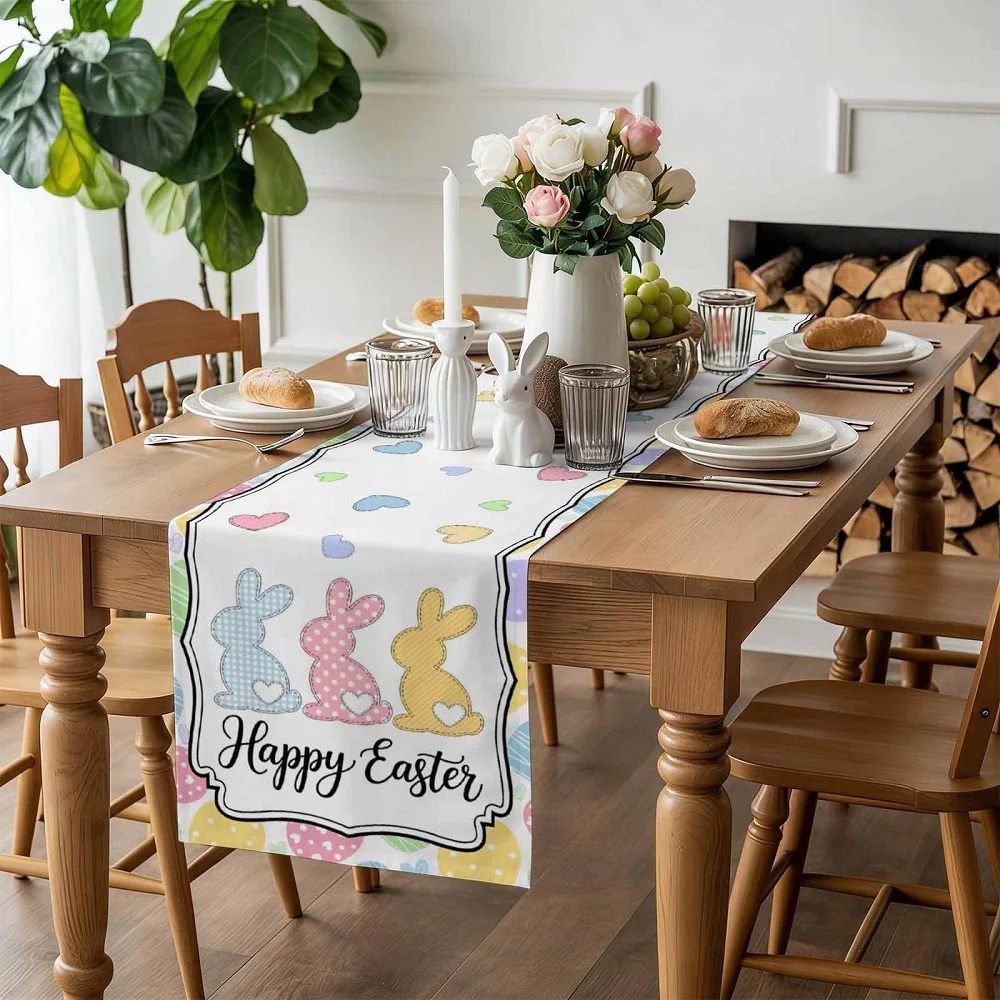 Happy Easter Table Runner Spring Cute Bunny Egg Dresser Scarves Tablerunner for Kitchen Dining Party Wedding Home Decoration