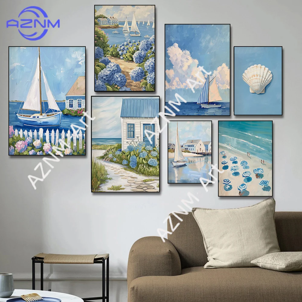 vintage Blue Coastal Beach  Sailboat Hydrangea Posters Print
