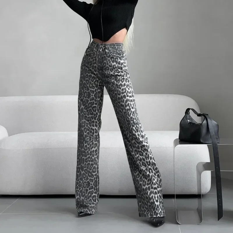 Leopard Jeans Women Y2K American Wide Leg Pants High Waisted Korean Style Retro Baggy Jeans Loose Oversized Straight Trousers