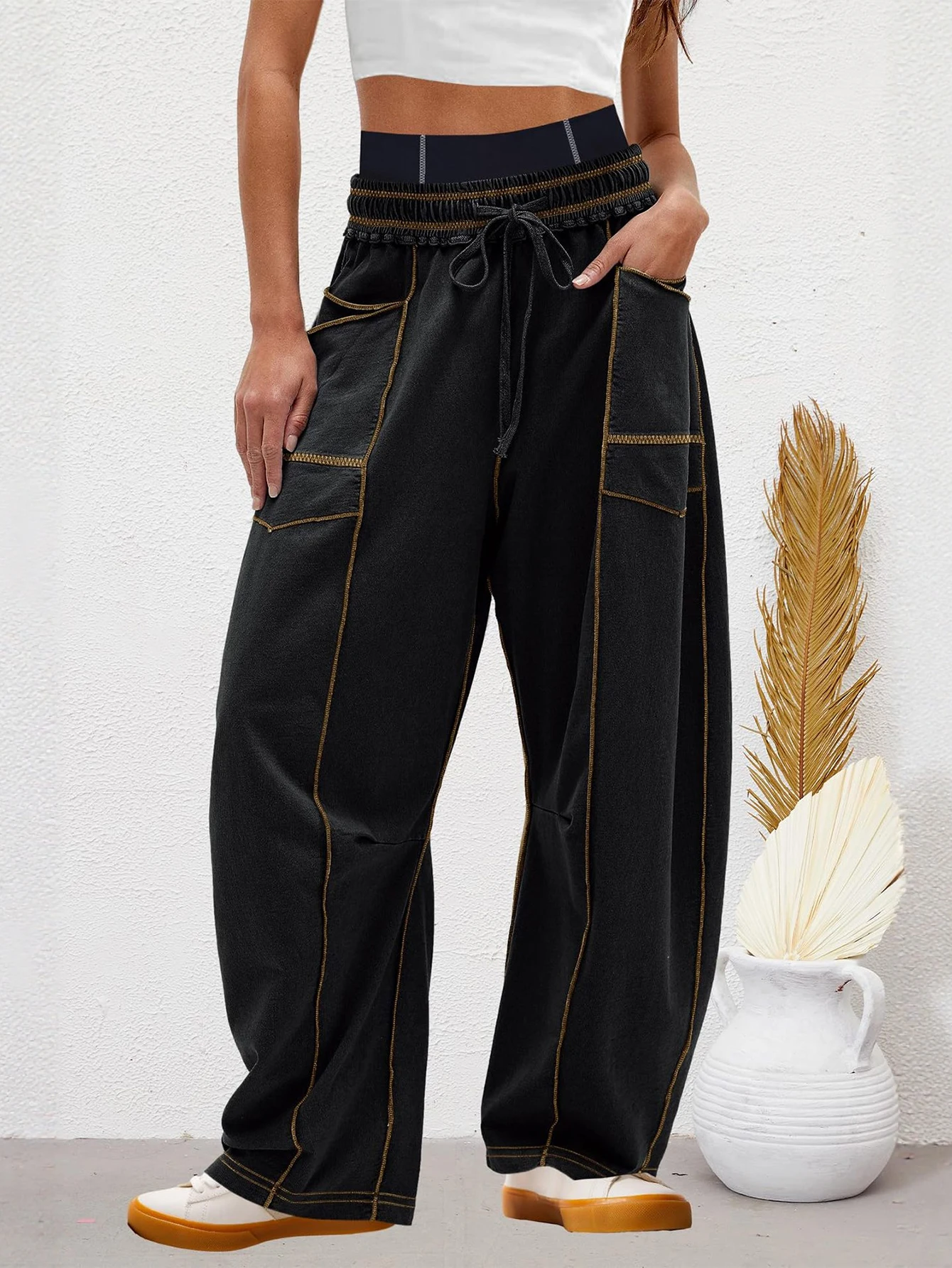 Casual damesbroek met wijde pijpen Herfst Winter Trekkoord Effen Volledige lengte Dagelijks Basic met zakken