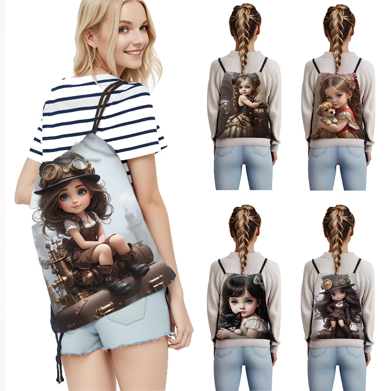 Schattige Steampunk Meisjes Print Rugzak Puppy Hond Kitten Kat Trekkoord Tassen Vrouwen Cartoon Prinses Meisjes Kinderen Dagrugzak Boekentas Cadeau