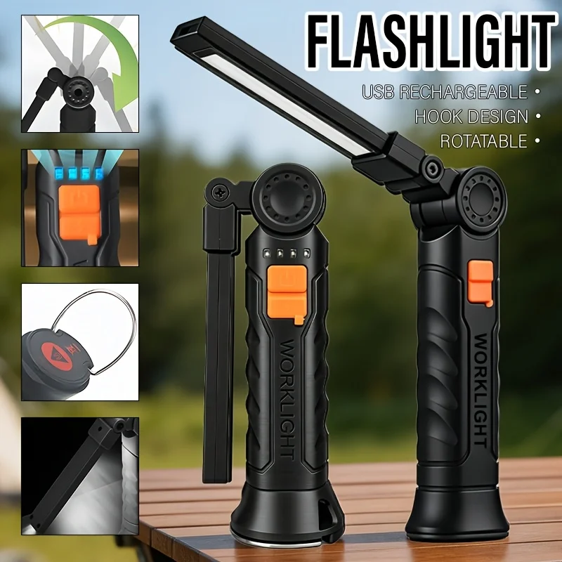 Portable COB LED Flashlight USB Rechargeable Work Light Magnetic Lanterna Hanging Lamp with Built-in Battery Camping Torch