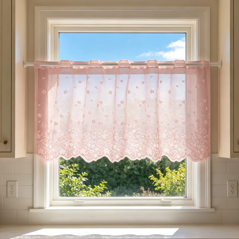 Rural-Style Cherry Blossom Embroidery Half Curtain with Wave-Shaped Lace Edges Small Window Decorative Panel Fresh Floral Theme