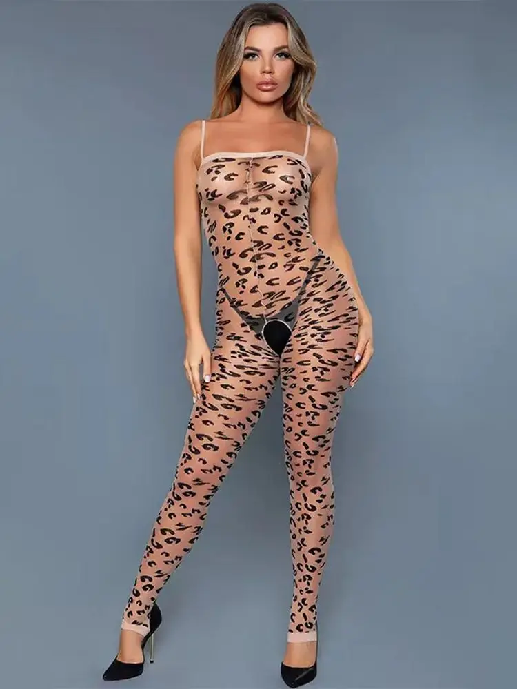 

Spaghetti Strap Leopard Prints Bodystocking Open Crotch Bodysuit Nylon Catsuit Tights Sexy Leotard Conjoined Lingerie Pijamas