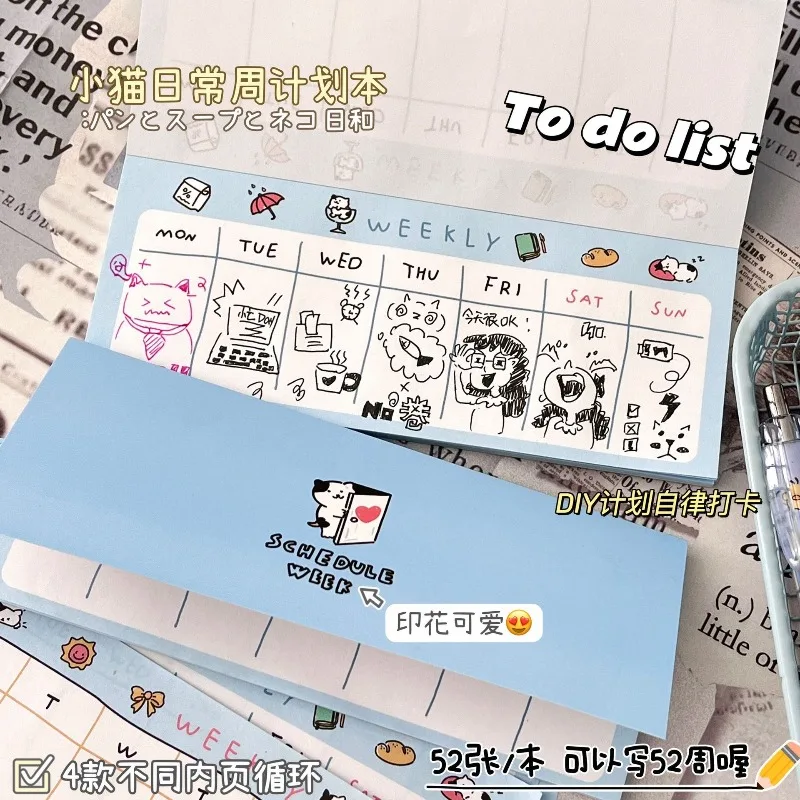 Original  Cartoon Kitten Daily Weekly Plan Book Self-discipline Clock in Ins High Value Students Can Tear The Sticky Note Book