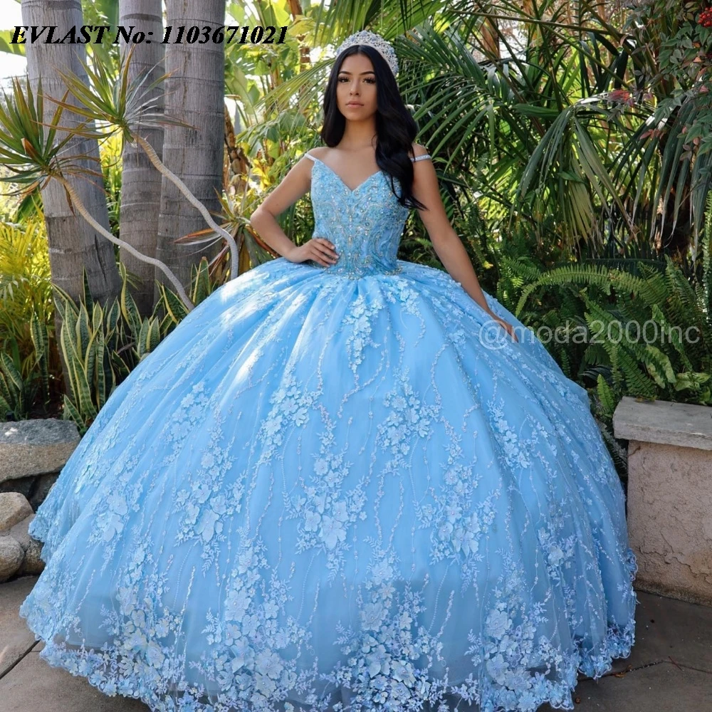 EVLAST-Sky Blue Glitter Ball Gown com Renda e Applique Beading, Mexican Sweet 16, SQ487, 15 Anos