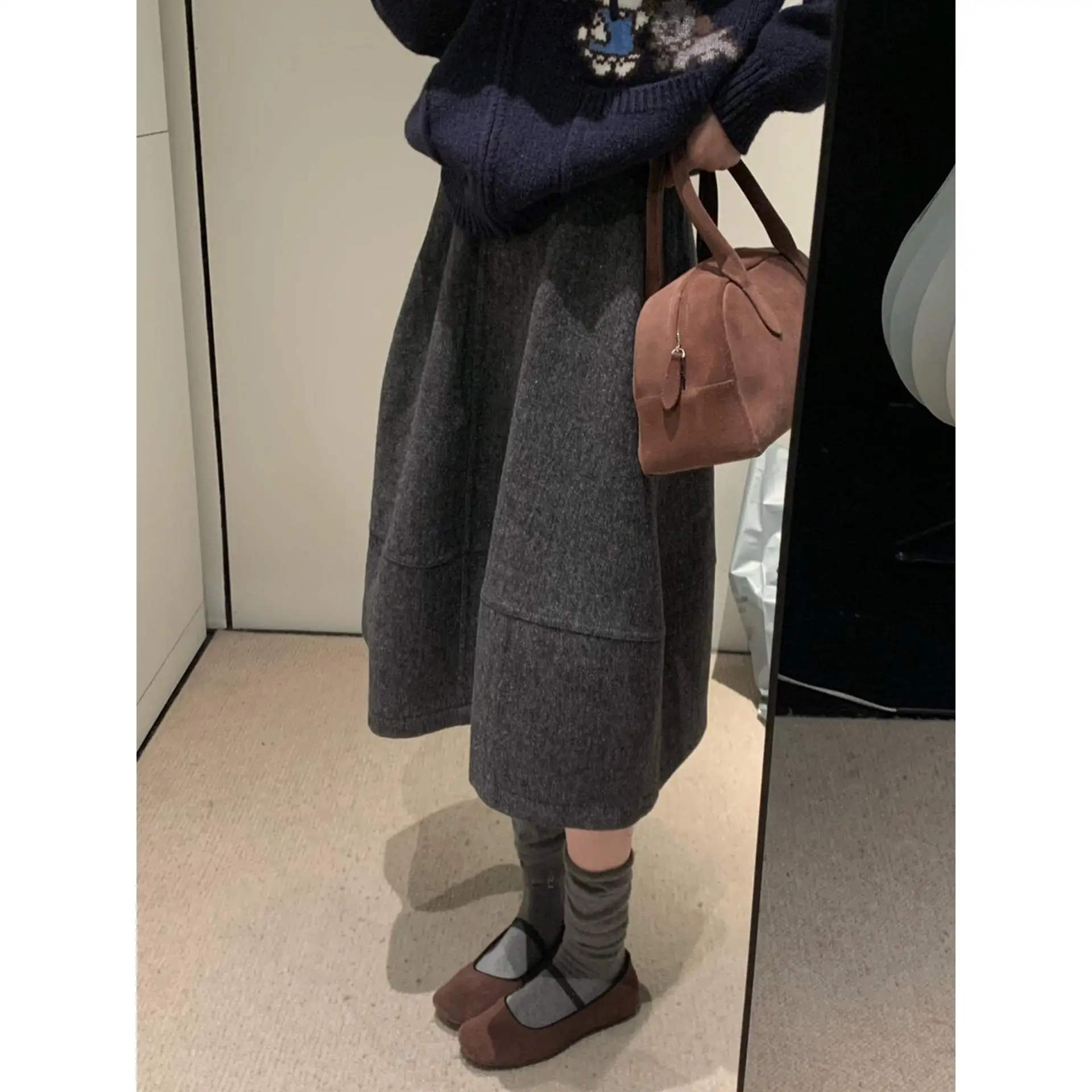 

Recommended! Retro Tweed A-Line Skirt Women's Autumn Winter New Korean Sle mat Pleated Slimming Midi Skirt