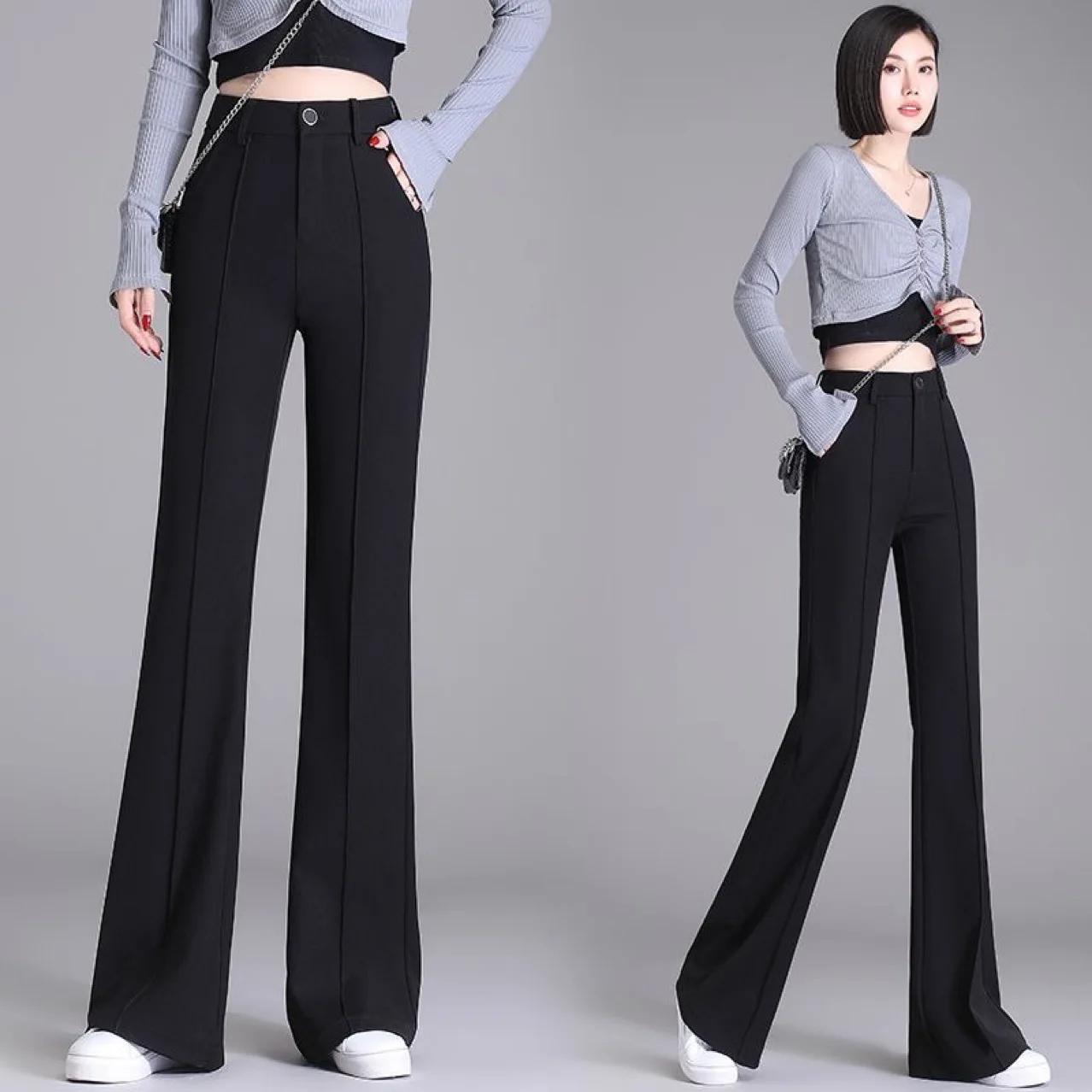 Pantaloni da abito casual elasticizzati e vestibilità slim a vita alta autunno e inverno 2025 da donna con velluto aggiunto e nero addensato