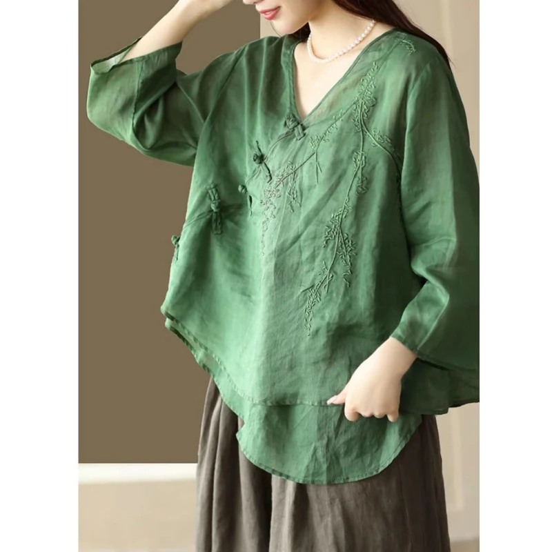 2024 Summer Women Vintage Chinese Ethnic Style Embroidery Shirts V Neck Half Sleeve Asymmetrical Blouses Casual Solid Loose Tops