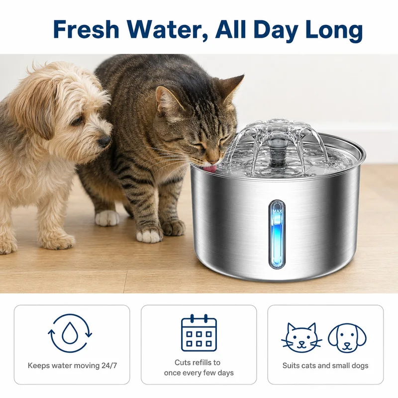 3L Pet Water Fountain Food Grade 304 Stainless Steel Flower Spout 5-Layer Circulating Filtration USB Plug-in Cat Dog Water
