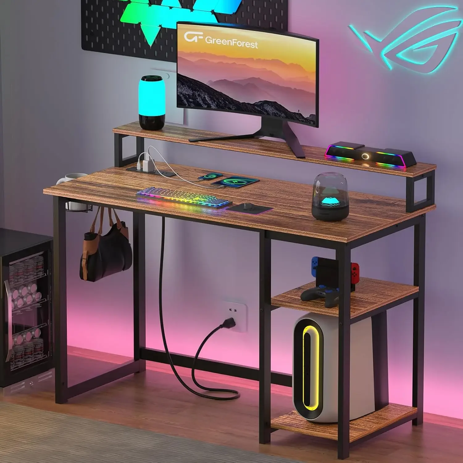 Escritorio ergonómico para computadora de 47 pulgadas para oficina en casa pequeña con soporte para monitor y tomas de corriente, escritorio para juegos Reversible para comodidad