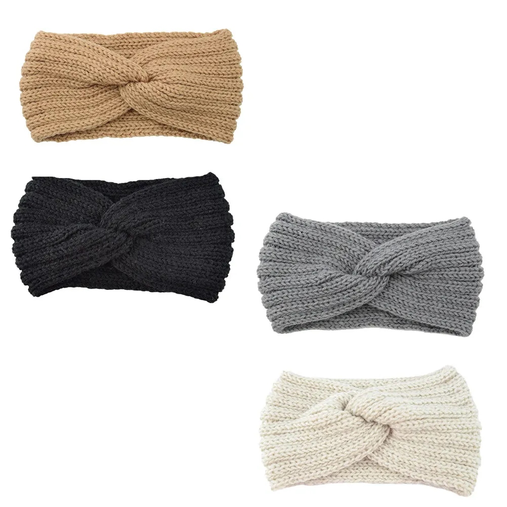4Pcs Woven Hairband Woolen Yarn Knotted Cross Wide-Edged Ear Protection Headgear for Winter Outdoor Activities Warm Hand-Knitted