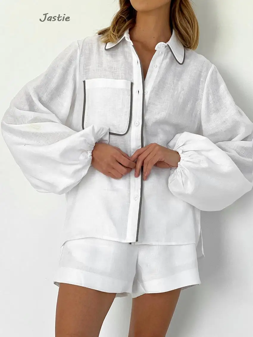 Summer Single Breasted Shirt Suits Black White Contrasting Color Shirt Shorts Two-piece Set Women Outfit Simple Cotton Linen Set