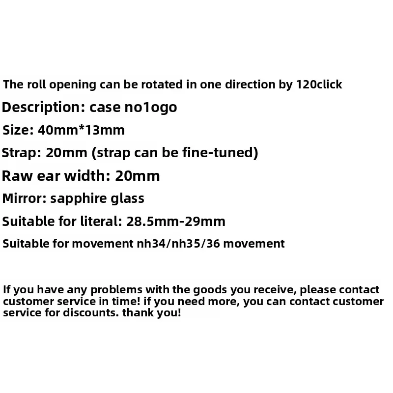 40 مللي متر حافظة من الفولاذ المقاوم للصدأ ورقة سفلية قابلة للنفاذ زجاج الياقوت لحركة NH34/NH35/36