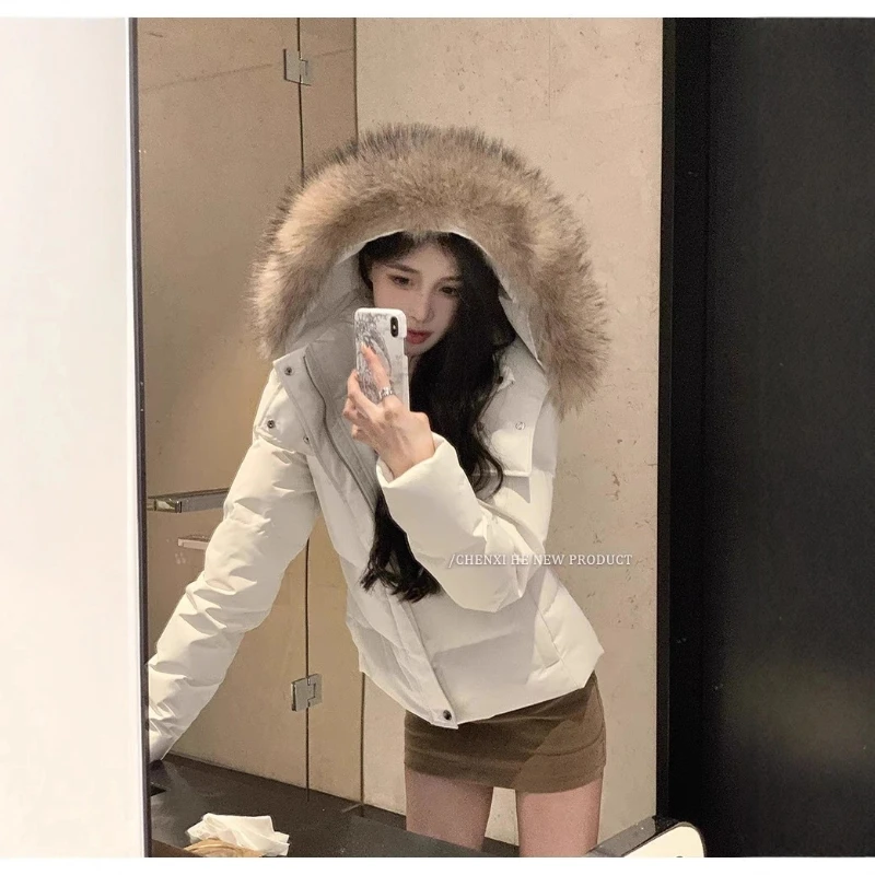 

2025 Korean Winter Down Cotton Short Padded Jacket Women Parkas Thick Cotton Coats Fur Hooded Clothes Casual Outerwear