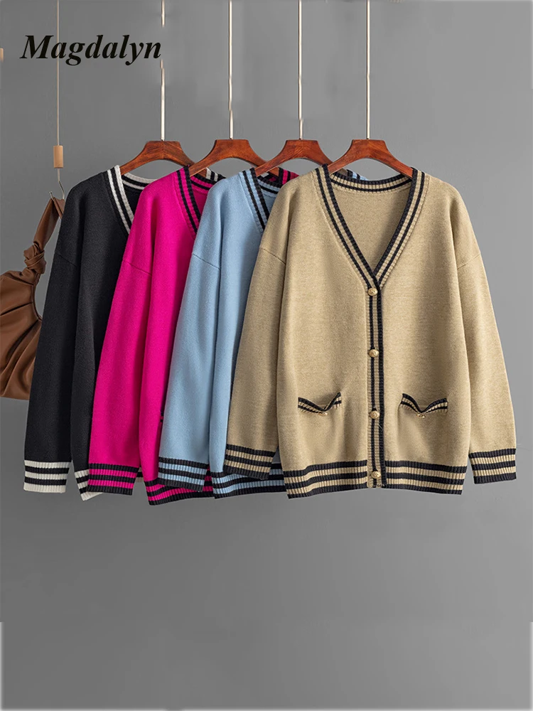 Magdalyn Autumn Women's Clothes Fasion Contrast V Neck Pocket Cardigan Loose Casual Button Knitwear Outerwears Lady Sweater Tops